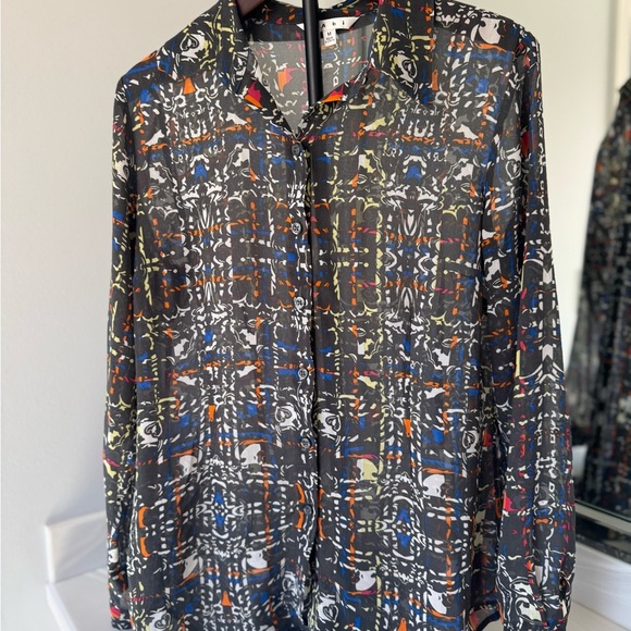 Tops - CAbi Festival Gray and Blue Blouse with Intricate Pattern Size M